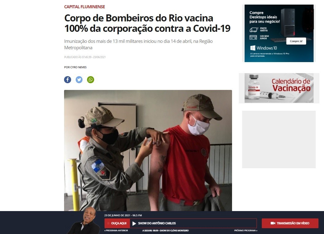 Todos os bombeiros do Estado já tomaram a primeira dose da vacina contra a Covid-19 – Rádio Tupi (Show do Antônio Carlos)