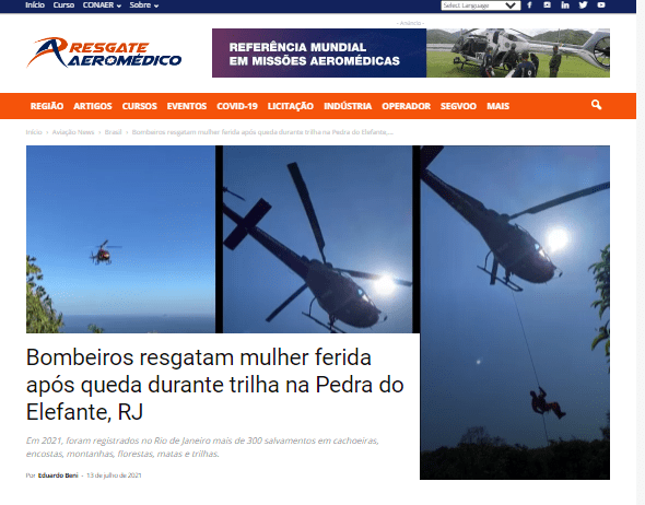 Bombeiros resgatam mulher feriada após queda durante trilha na Pedra do Elefante – Resgate Aeromédico