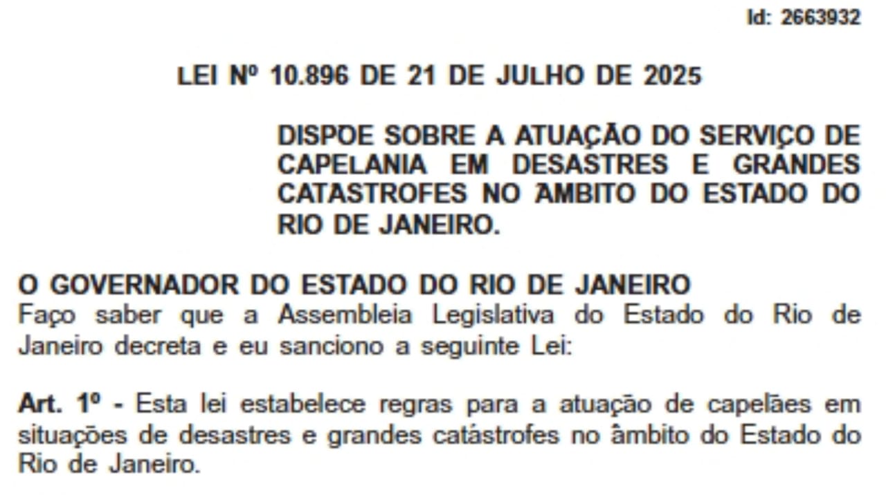 Cláudio Castro sanciona lei que disciplina atuação de capelães em desastres e grandes catástrofes no Rio de Janeiro